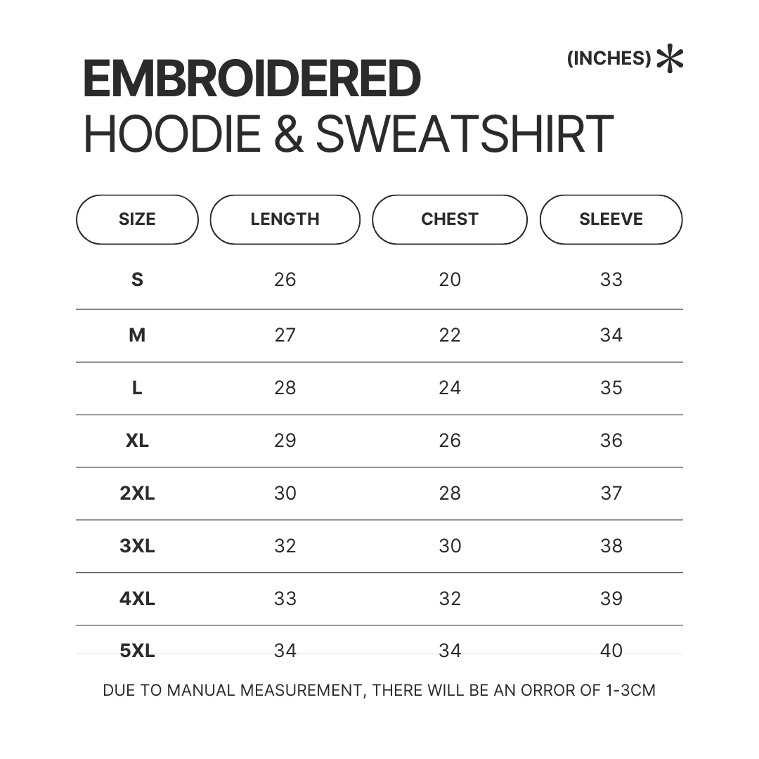 Embroidered Hoodie Sweatshirt Size Chart - AOT Merch