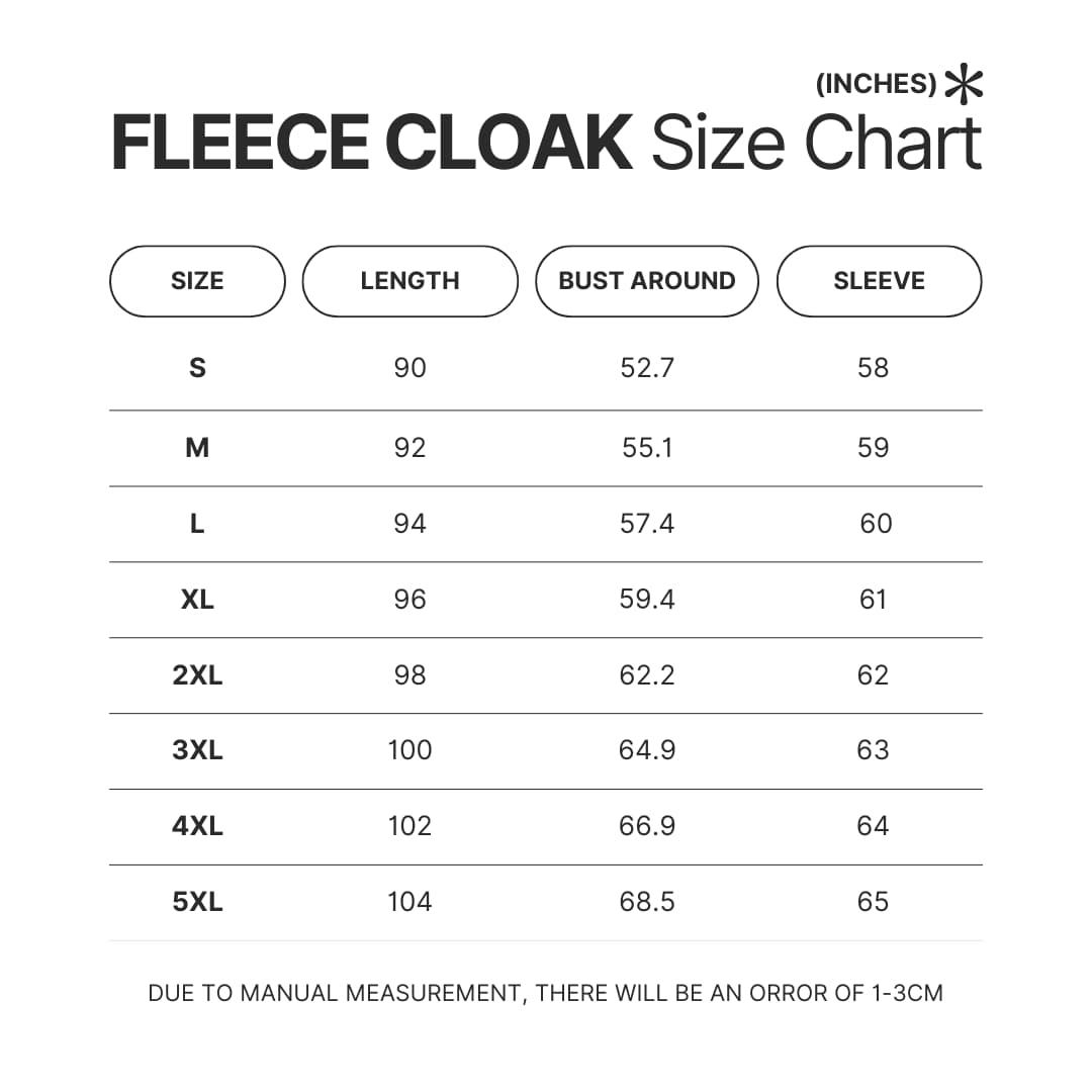 Fleece Cloak Size Chart - AOT Merch