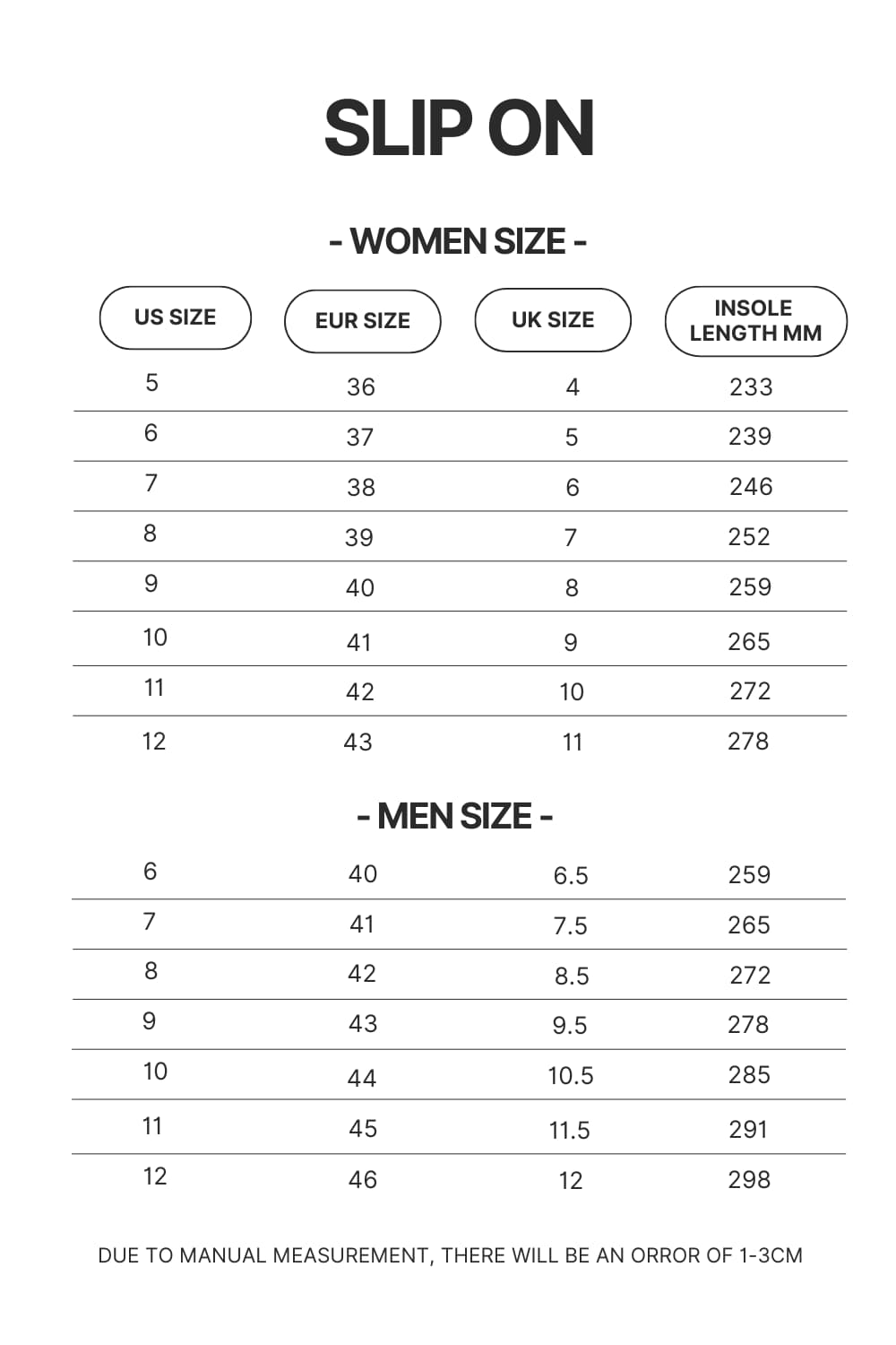 Slip On Size Chart - AOT Merch