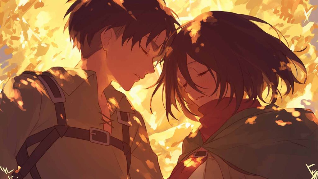 attack on titan eren mikasa close desktop wallpaper preview - AOT Merch