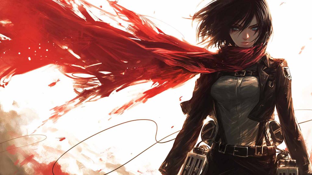 attack on titan mikasa red scarf flowing desktop wallpaper preview - AOT Merch